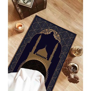 Alfombra de Oración Azul Marino: Alfombra Musulmana Islámica con Detalles Dorados, Alfombra Delgada No Tejida - Product Image 2