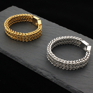 H2 Jewelry E0006 Kalın Paslanmaz Çelik Çift Sıralı Omurga Bileklik Erkekler İçin Altın ve Çelik Renkleri - Product Image 1