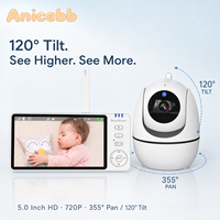 Moniteur vidéo pour bébé HD 720P de 5,0 pouces, inclinaison verticale à 120 degrés, vue panoramique large à 355 degrés, caméra locale sans fil, sans WiFi
