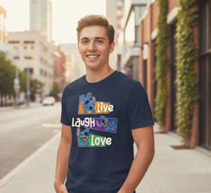 Camiseta Unisex Azul Marino 100% Algodón Premium, Camiseta con Estampado de Personajes Live Laugh Love, Camiseta Holgada de Moda Urbana Personalizada al por Mayor - Product Image 3