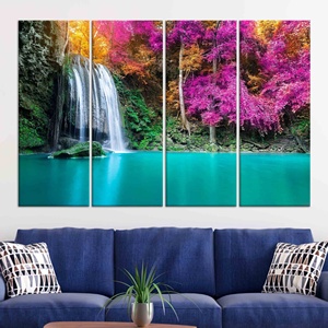 Lienzo impreso: arte de pared con vista al lago, cascada y árboles morados, juego de 4 lienzos - Product Image 1