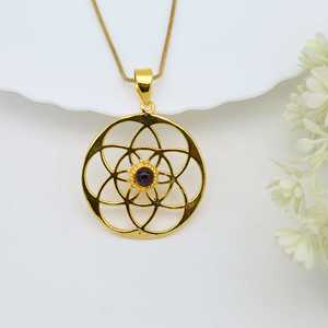 Nuevo Collar de Moda con Colgante Boho de Geometría Sagrada, Collares de Latón para Mujer, Chapado en Oro de 18k, Semilla de la Vida, Amatista, Venta al por Mayor/OEM - Product Image 6