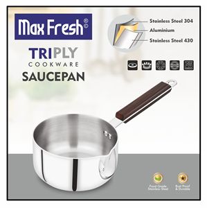 Maxfresh Premium Triply Cookware-Durable Stainless Steel Sauce <b>Pan</b> With Wooden Steel <b>Handle</b> 3 Layers Bottom Product - Product Image 2