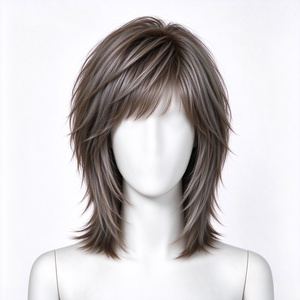 Cool Ash Brown Highlighted Shaggy Wolf Cut <b>Synthetic</b> <b>Wig</b> With Thin Bangs - Product Image 2