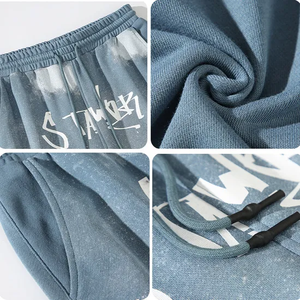 Personalizado desgastado 100% algodón Vintage cordón cintura francés Terry suelto Casual piedra lavado apliques hombres pantalones cortos - Product Image 4