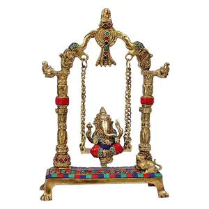 Latón Ganesha Swing Ganesh Ganpati en Jhoola estatua decorar con piedras preciosas de color trabajo hecho a mano altura 12 pulgadas