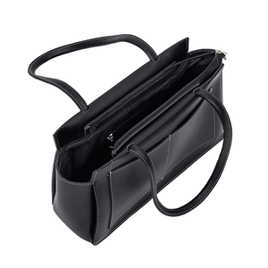 Sac fourre-tout vintage en cuir véritable noir, sac à main pour femme, sac à bandoulière pour le travail, grand sac à main, poches, fermeture à glissière, structure rigide, deux - Product Image 2