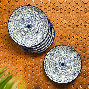 Ensemble de 6 assiettes à steak en céramique peintes à la main Indigo Chevron allant au micro-ondes pour la cuisine dans les hôtels à faible quantité minimale de commande - Product Image 4