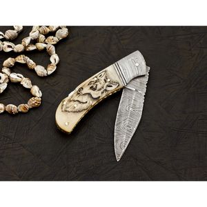 Nuevo cuchillo portátil plegable de acero de Damasco de gran venta con cuchillos con mango de cuerno para acampar cuchillo plegable de Damasco - Product Image 4