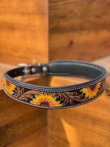 Collar de perro occidental con estampado de girasol de cuero mecanizado a mano para cuello Collar de perro ajustable acolchado grabado de cuero genuino para mascotas - Product Image 2