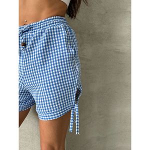 Shorts Topshow Azules con Cordones Laterales y Estampado a Cuadros, de Algodón y Poliéster, al por Mayor para Mujer - Ropa de Verano Elegante - Product Image 4
