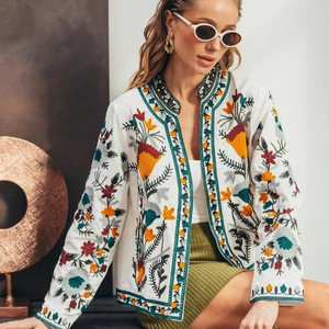 Chaqueta Blusón Ligera de Algodón para Mujer, Estilo Boho, Bordada, con Cuello Mao, Abertura Frontal, Resistente al Viento, Prenda Exterior Étnica, Colorida - Product Image 1