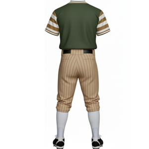 ชุดยูนิฟอร์มเบสบอลวินเทจสีเขียวและสีกากี กางเกงลายทางแบบซับลิเมชั่นสั่งทำพิเศษ พร้อมเสื้อเจอร์ซีย์แต่งแถบลายทางที่แขนเสื้อ - Product Image 2
