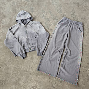 YYSY personnalisé haute qualité impression pantalons de survêtement pierre travail fermeture éclair complète à capuche ensemble Flare empilé joggeurs lavage à l'acide survêtements pour hommes - Product Image 1