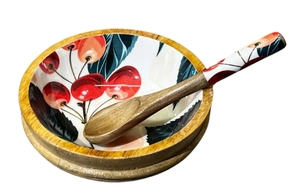 Bol Cherry Bloom Bois de manguier Bols à salade en bois décoratifs faits à la main avec ustensiles de service Accessoire de salle à manger en bois - Product Image 3