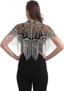 <strong>Beaded</strong> and Sequined Burlesque Cape <strong>Beaded</strong> <strong>Fringe</strong> Hanging Down Fastens at the Neck Beautiful Festive Clothes Festival Capes - Product Image 2