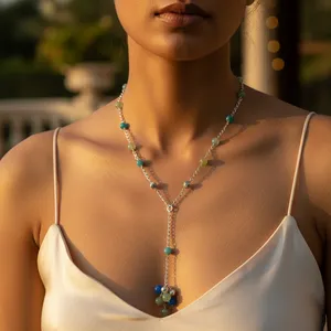 Collier bohème perlé pour femme, chaîne en argent avec pendentif en pierre naturelle, bijou idéal pour cadeau de fête - Product Image 1