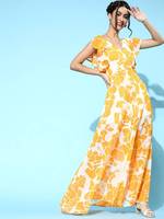Femmes légères été Orange et jaune Plaid col en V à volants à manches courtes bébé poupée haut avec imprimé fleuri Maxi robe