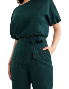 Natural <b>Fabric</b> High Waisted Side and Back Pockets Button and Zip Closure Full Length Relaxed Fit Pant in Dusk Green - Product Image 2