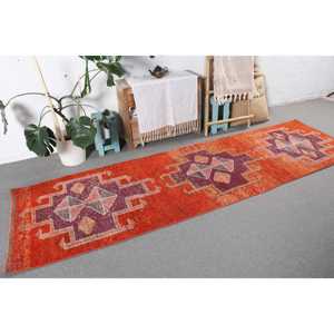 Alfombra Vintage Estilo Runner de 2.9x10.1 pies, Alfombra de Lana con Puntos Naranja y Morado - Product Image 4