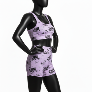 Conjunto de pantalones cortos de poliéster y spandex de 220 GSM de primera calidad, color lavanda y negro, con estampado por sublimación y logotipo personalizado para mujer, conjunto de pantalones cortos de algodón para mujer. - Product Image 4