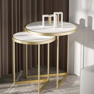Juego de 2 Mesas Clásicas con Tapa de Mármol para Sala de Estar, Color Blanco y Dorado, Mesa Redonda Moderna con Diseño Encajable - Product Image 6