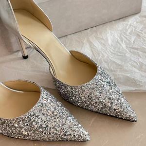 Chaussures de bureau pour femmes en gros, à bout fermé, avec strass brillants, or et argent, talon de 8 cm, chaussures à talons hauts pour femmes - Product Image 4