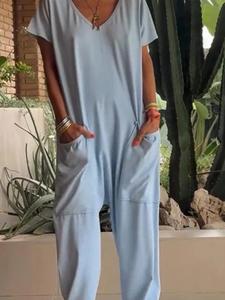 Mono de verano para mujer, cuello en V de color sólido, bolsillo de gran tamaño, pantalones de una pieza de gama baja 2025 - Product Image 4