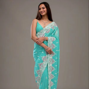 Designer exclusif de haute qualité Sari en soie belle broderie séquence travail frontière pakistanais traditionnel pour les fêtes de mariage - Product Image 1