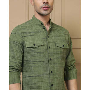 Amanush <b>Men's</b> Green Plaid Cotton Kurta Pant Set Mandarin Collar Full Sleeve Casual Summer Wear Breathable 2 Piece Set - Product Image 2