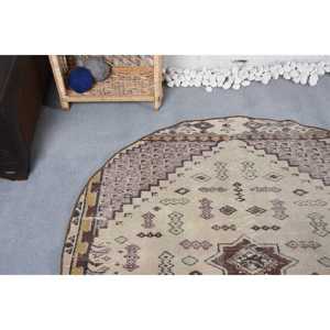 พรมวินเทจขนาด 4.6x4.7 ฟุต พรมกลมสไตล์ตุรกี พรมลายต้นไม้และพืชสีเบจน้ำตาล - Product Image 5