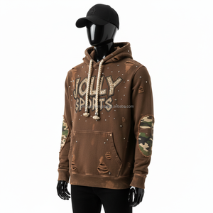 380GSM Tissu Polaire de Qualité Supérieure Marron Style Détruit avec Panneau de Coude Camouflage Logo Brodé Personnalisé Hommes Basics Hoodie - Product Image 3