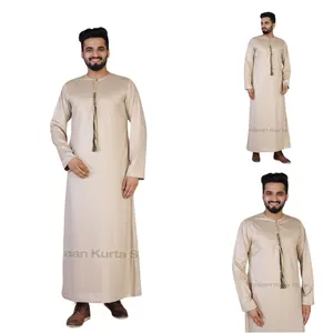 Saudi Wholesale traditional Cotton and Polyester emirati omani zip Button thobe Jubbah with Embroidery and Tassels for Men