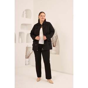 RMG Women's <b>Plus</b> <b>Size</b> <b>Black</b> Cotton Blend <b>Trench</b> <b>Coat</b> with Elegant Floral Appliques - Autumn Winter Outerwear - Product Image 5