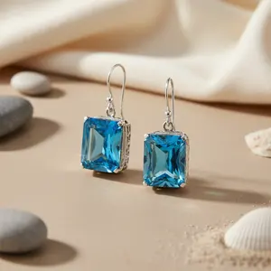 925 Silver Stud <b>Earrings</b> with Blue Topaz Rectangular Cut Gemstone Jewelry Fashion Accessory - Product Image 3