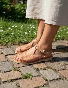 Sandales plates tressées couleur tan à bout ouvert avec bride à boucle, légères, respirantes, tendance mode, décontractées, chaussures d'été à enfiler - Product Image 3