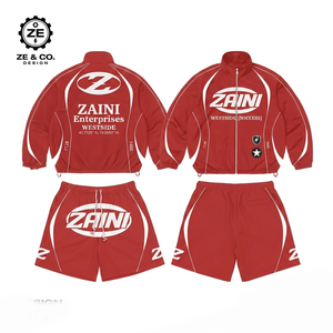 300g Polyester/Nylon <b>Knitted</b> Hooded Sportswear <b>Set</b> Red/White Panels Quick Dry Silk Screen Printed Front Logo Winter Casual Men's - Product Image 1