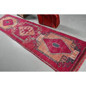 Turkish Vintage Rug, <b>Runner</b> 2.9x11.8 ft (89x359 cm) Rug, <b>Red</b> Moroccan Wool Rug - Product Image 4