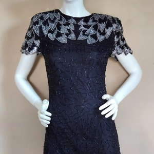 Haute qualité o-cou motif floral broderie antistatique noir robe de soirée droite perles longue longueur au genou Tulle - Product Image 1