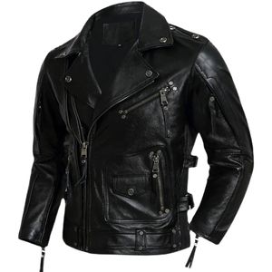 แจ็กเก็ตหนังแท้กระดุมสองแถวสำหรับผู้ชายสไตล์ใหม่พร้อมปกซิปเสื้อโค้ทหนังแท้สีดำแดงน้ำตาล - Product Image 1