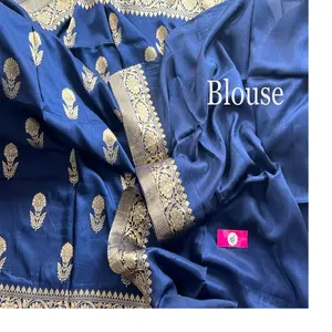 Saris en soie brocart géorgette tissés à la main, écologiques, sur mesure, en bleu royal avec imprimé argenté pour mariage - Product Image 1