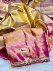 Vêtements occasionnels à feuilles persistantes Top qualité doux doré Banarsi Handloom tissu soie Saree Blouse avec séquence travail fournisseur indien - Product Image 6