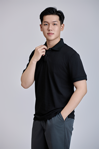 Camiseta de Manga Corta para Hombre FMF, Corte Regular, 200g, Tejido de Punto, 60% Algodón, 40% Poliéster |   Camisa informal negra con botones y cuello en contraste, suave - Product Image 3