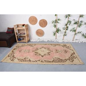 Alfombra turca vintage de lana tejida plana Rosa marrón de 4,2x7,8 pies con patrón de retazos para decoraciones de sala de estar y pasillos - Product Image 1