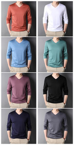 เสื้อยืดคอวีคอตตอนเข้ากับทุกชุดเสื้อตัวบนสำหรับผู้ชายแขนยาวผ้าทอลำลองสีพื้นคุณภาพสูง