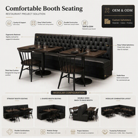 Ensemble de mobilier commercial Ron Group 3D Layout Solutions pour restaurant : table et chaises en bois massif et métal, banquette en cuir capitonnée