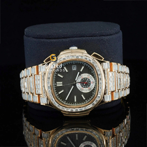 High Quality Moissanite Wrist Watch for Mens Iced Out by Baguette Cut Diamonds in Stainless Steel - Product Image 1