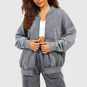 Tops de bombardero con cremallera de pierna larga y recta para mujer, conjunto de algodón lavado de tendencia, técnica bordada de punto, chándales sólidos para mujer - Product Image 6