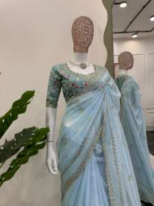 Sari con bordado de lentejuelas de hilo y encaje elegante Incluye blusa sin costuras de seda Mono Banglori Ropa festiva de fiesta elegante - Product Image 5