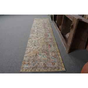 Tapis Turc Vintage Classique Beige Bleu Fait Main Laine Patchwork Design 2.1x8.7 pieds Rectangle pour Salon Chambre Support en Latex - Product Image 2